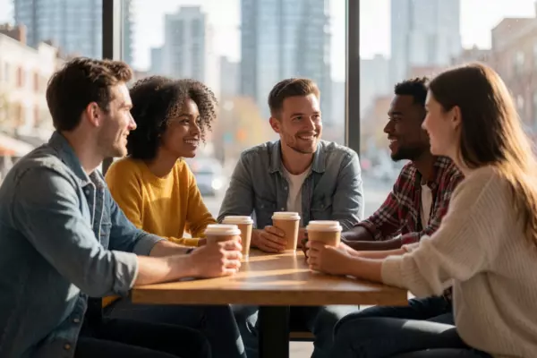 A modern, diverse group of young adults in casual clothing meeting briefly in a bright urban café setting, exchanging smiles and light conversation, with subtle symbols of fleeting connection like a shared coffee cup, a passing glance, and a cityscape blurred in the background to suggest transience, warm natural lighting, no text or logos