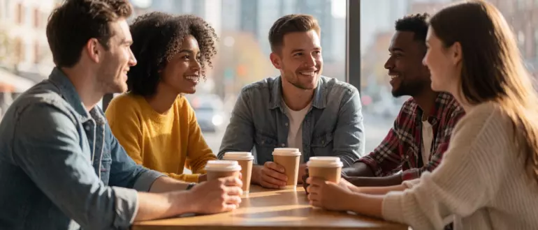 A modern, diverse group of young adults in casual clothing meeting briefly in a bright urban café setting, exchanging smiles and light conversation, with subtle symbols of fleeting connection like a shared coffee cup, a passing glance, and a cityscape blurred in the background to suggest transience, warm natural lighting, no text or logos