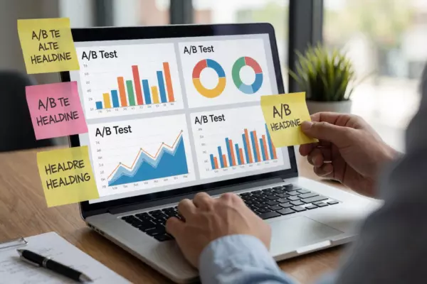 A person analyzing headline variations on a laptop screen, with multiple A/B test results displayed as colorful charts and graphs, surrounded by sticky notes with different headline options, in a modern office environment with natural light