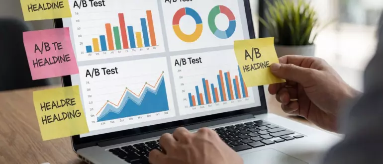 A person analyzing headline variations on a laptop screen, with multiple A/B test results displayed as colorful charts and graphs, surrounded by sticky notes with different headline options, in a modern office environment with natural light